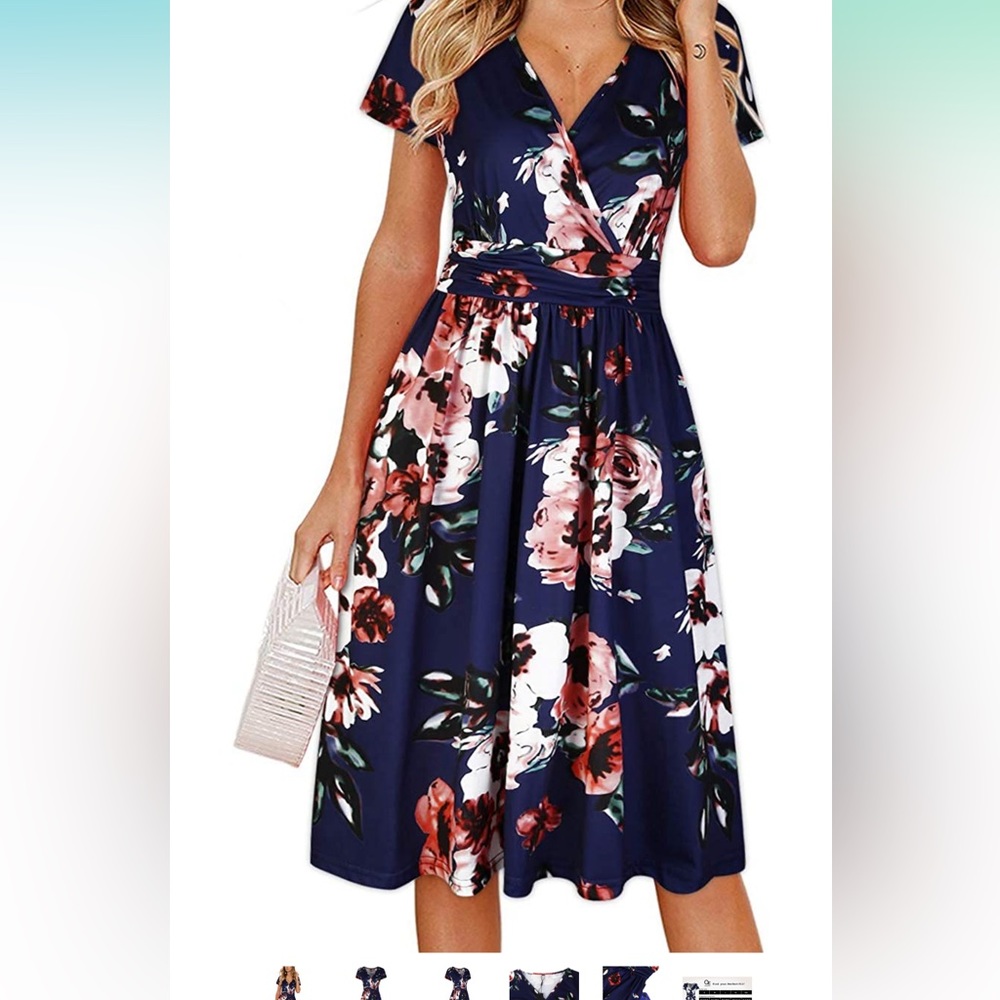 OUGES Women's Summer Short Sleeve V-Neck Floral Short Party Dress with Pockets